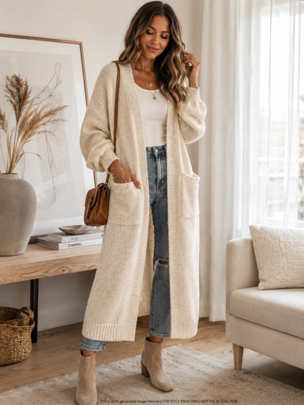 SHEIN Womens L Cream Longline Fluffy Cardigan Sweater Oversized Open Front - Picture 2 of 7